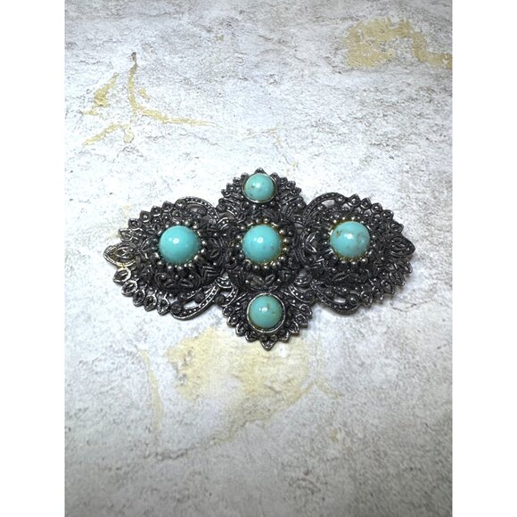 Vintage Large Statement Brooch Silver Tone with Turquoise Stones - Picture 1 of 6